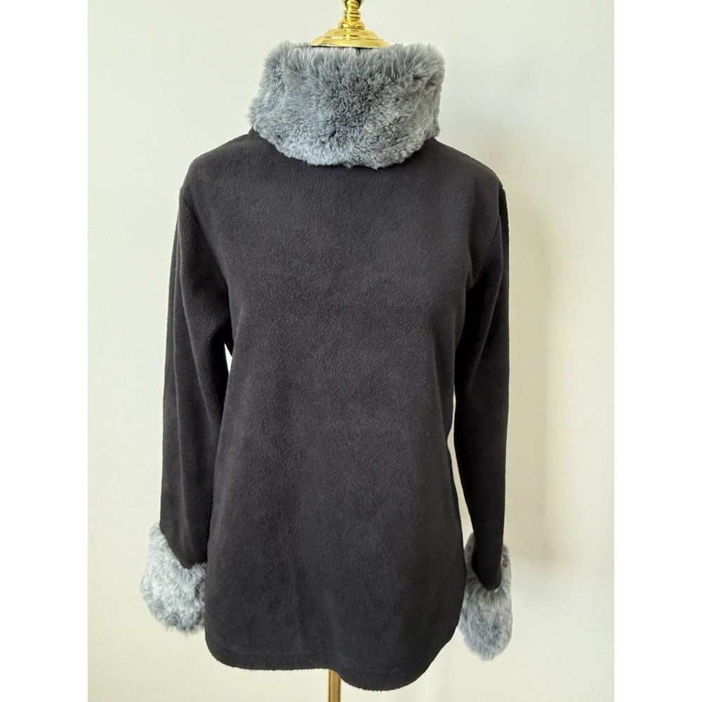 Moda International Fleece Sweater With Fau Fur Cuff/Collar Black Gray Women's M
